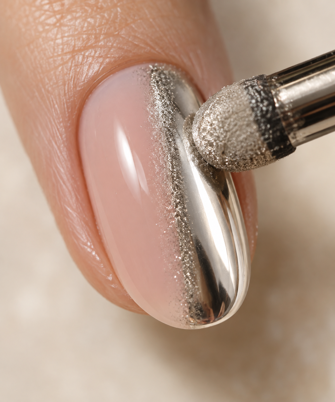 Poudre chrome miroir appliquée sur un ongle