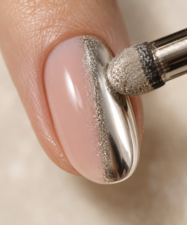 Poudre chrome miroir appliquée sur un ongle